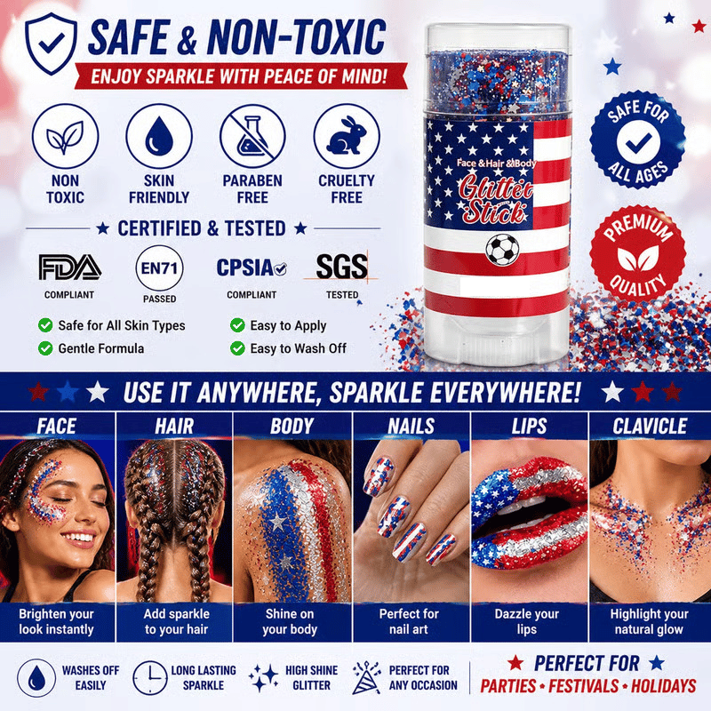 🔥Last Day 50% OFF🦅4th of July Glitter Stick✨🔔Red, White & Blue Body & Hair Sparkle