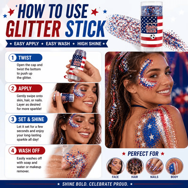 🔥Last Day 50% OFF🦅4th of July Glitter Stick✨🔔Red, White & Blue Body & Hair Sparkle
